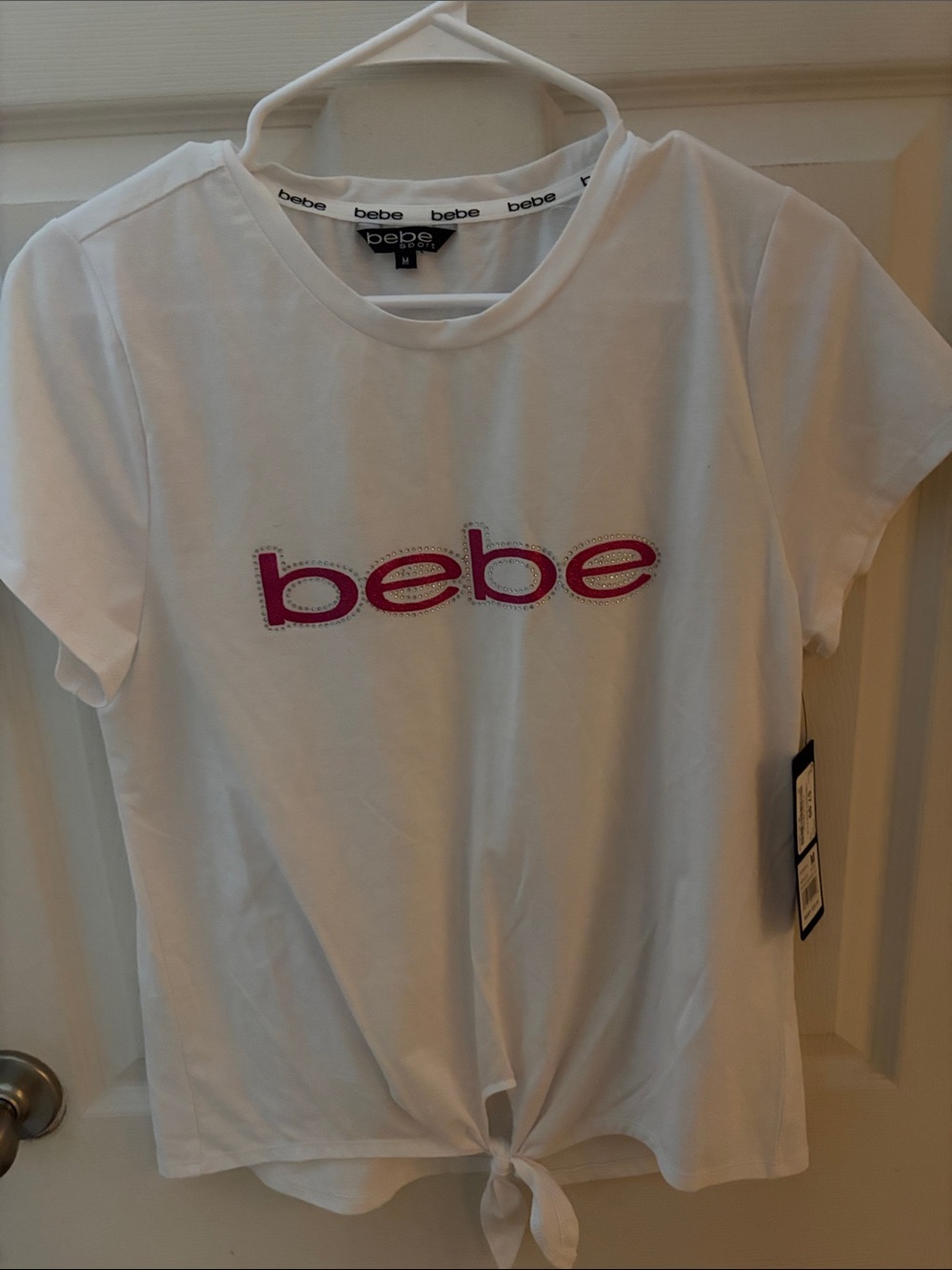 bebe White Tie-Front Crew Neck Tee
